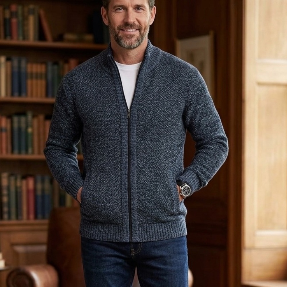 Men's Full Zip Knit Cardigan Sweater Jacket Blue Marl Mock Neck Large 1721